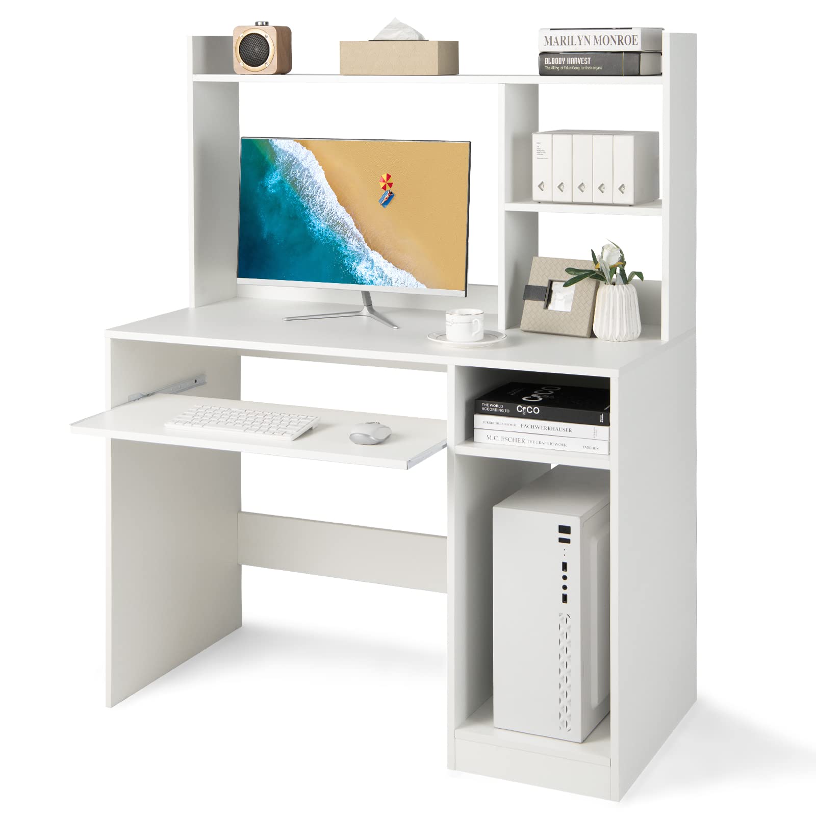 Tangkula Bureau avec Étagère et Station de Recharge, Bureau d'Ordinateur avec Plateau de Clavier